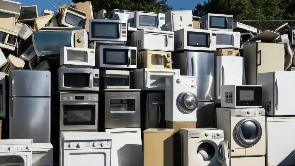 descarte de eletrodomesticos Acúmulo de aparelhos eletrônicos antigos, incluindo televisores, geladeiras, micro-ondas e máquinas de lavar, formando um descarte de eletrodomésticos em uma pilha.