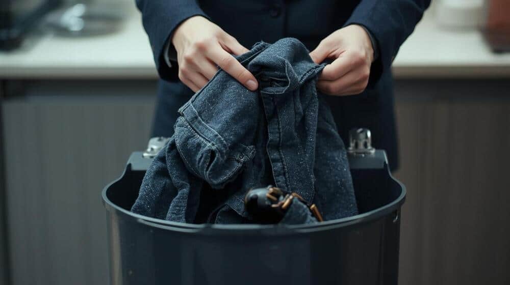 Trabalhador descartando uniforme velho no lixo comum, prática que contrasta com a atuação de uma empresa de descarte de uniformes usados.

