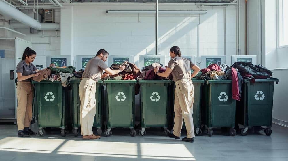 Profissionais realizando a triagem de uniformes em ambiente controlado, seguindo processos de uma empresa de descarte de uniformes usados.