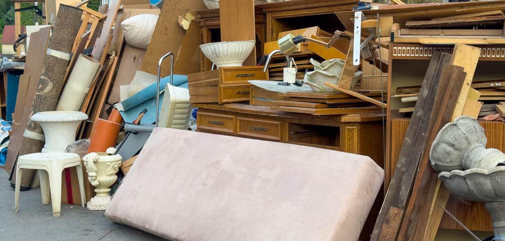 Montanha de plásticos, eletrônicos e resíduos misturados em um aterro, destacando a importância da reciclagem.