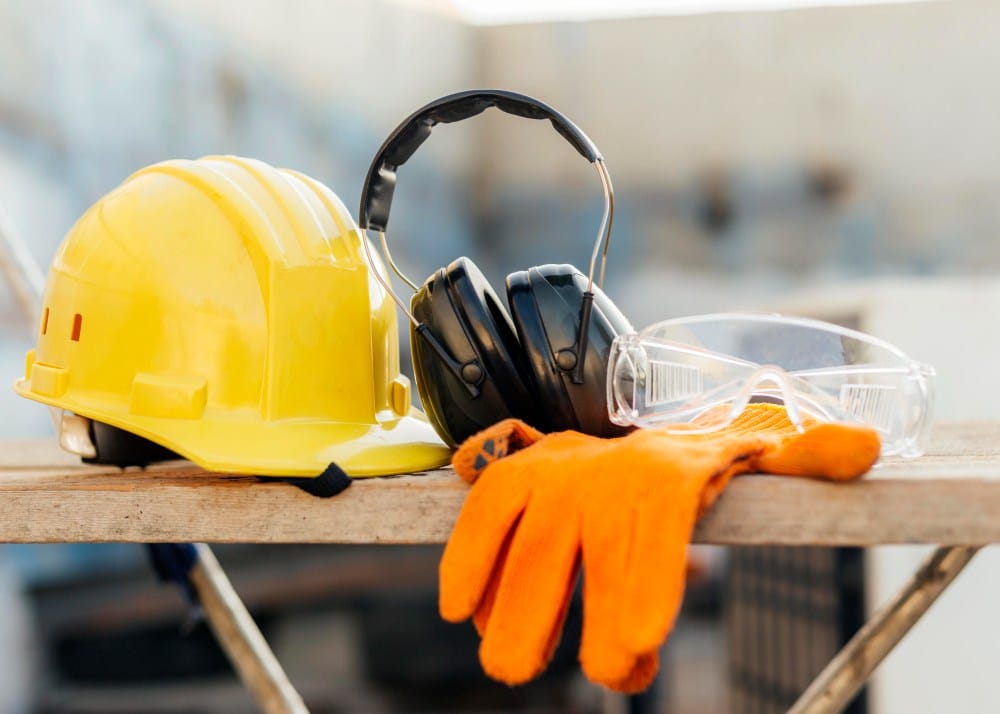 Equipamentos de segurança utilizados na obra, incluindo capacete amarelo, proteção auditiva, óculos de proteção e luvas laranja, dispostos sobre uma mesa de madeira.