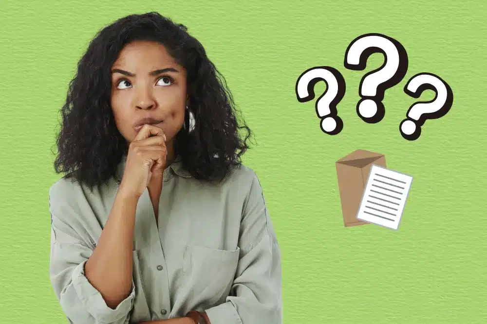 Mulher pensativa ao lado de símbolos de dúvida e documento, representando questionamentos sobre o que é CDF. 