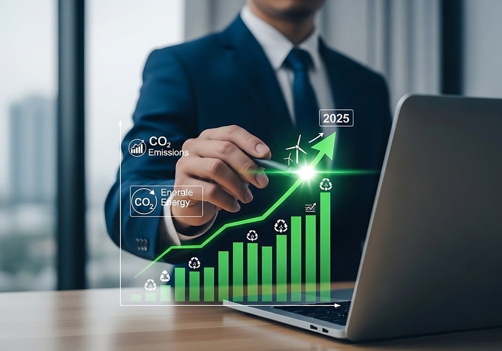 Homem de terno aponta para gráfico digital de crescimento, com destaque para eco energia e emissões de CO2, simbolizando avanço sustentável até 2025.