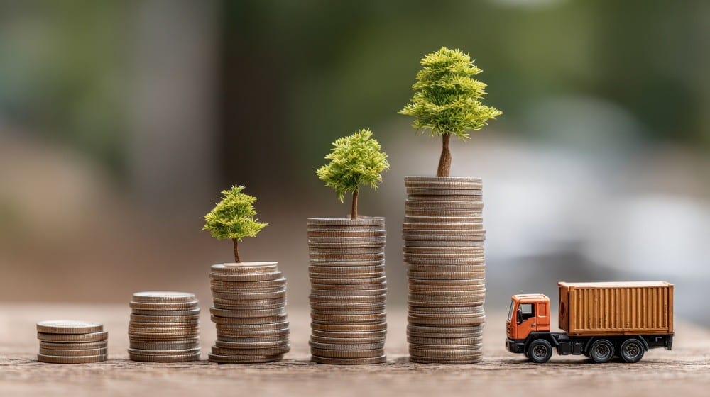 Imagem de crescimento financeiro representado por árvores em moedas empilhadas, com um caminhão de transporte ao lado, simbolizando crescimento de investimentos e economia sustentável.