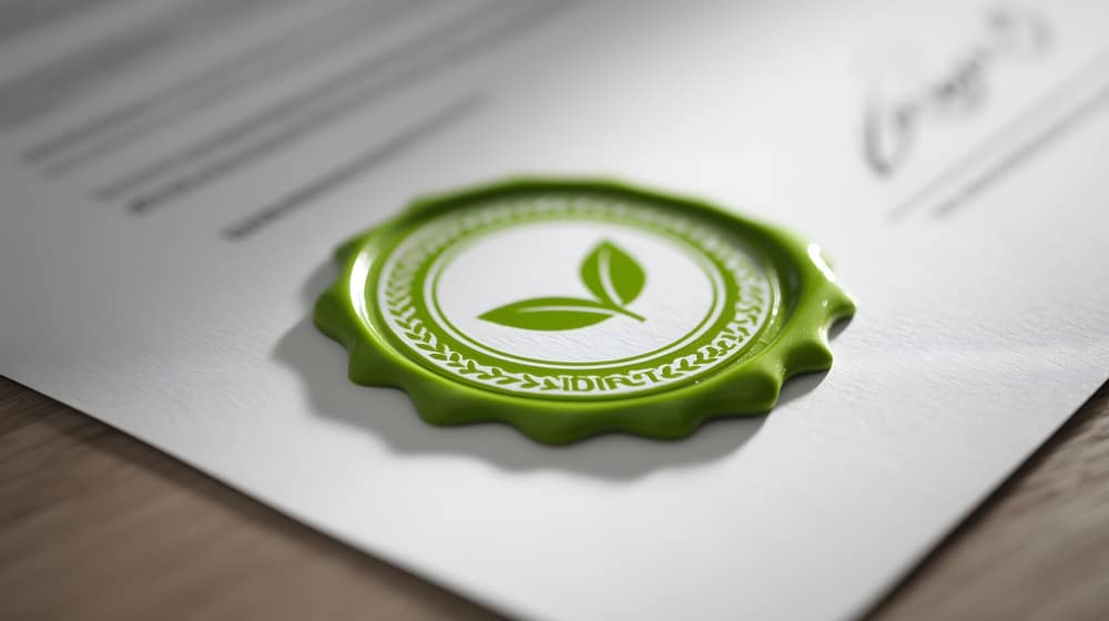 Selos de certificação ecológica em verde sobre um documento, indicando compromisso com sustentabilidade e práticas ambientais responsáveis.
