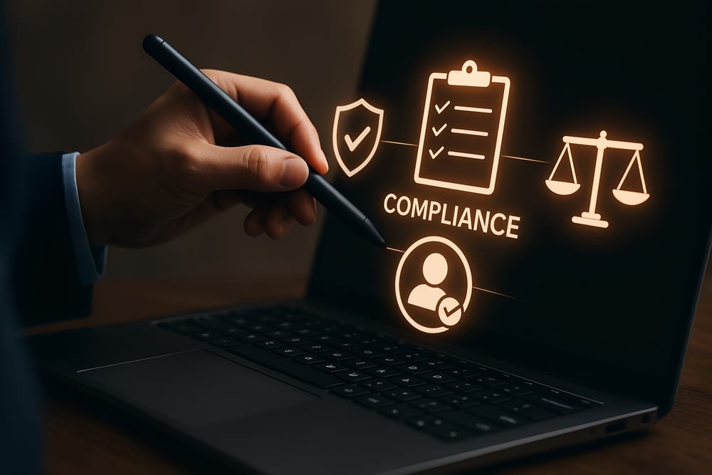 Imagem ilustrativa de uma pessoa segurando um stylus enquanto trabalha no laptop, com ícones em destaque relacionados a compliance, incluindo um escudo, uma lista, uma balança e uma pessoa com check mark, simbolizando a importância do compliance empresarial.