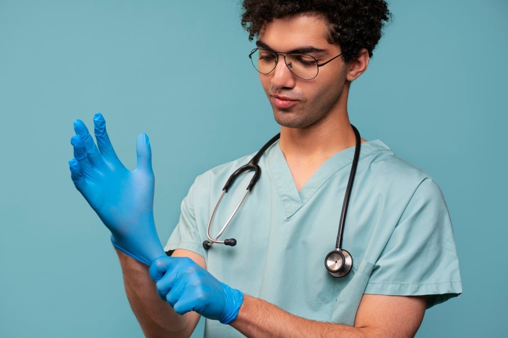 Jovem médico usando luvas de exame e vestuário hospitalar ajustando suas luvas com foco na preparação para atendimento médico.