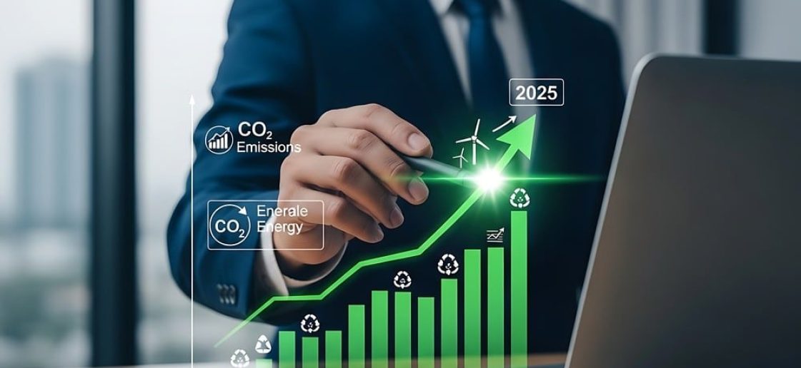 Homem de terno aponta para gráfico digital de crescimento, com destaque para eco energia e emissões de CO2, simbolizando avanço sustentável até 2025.
