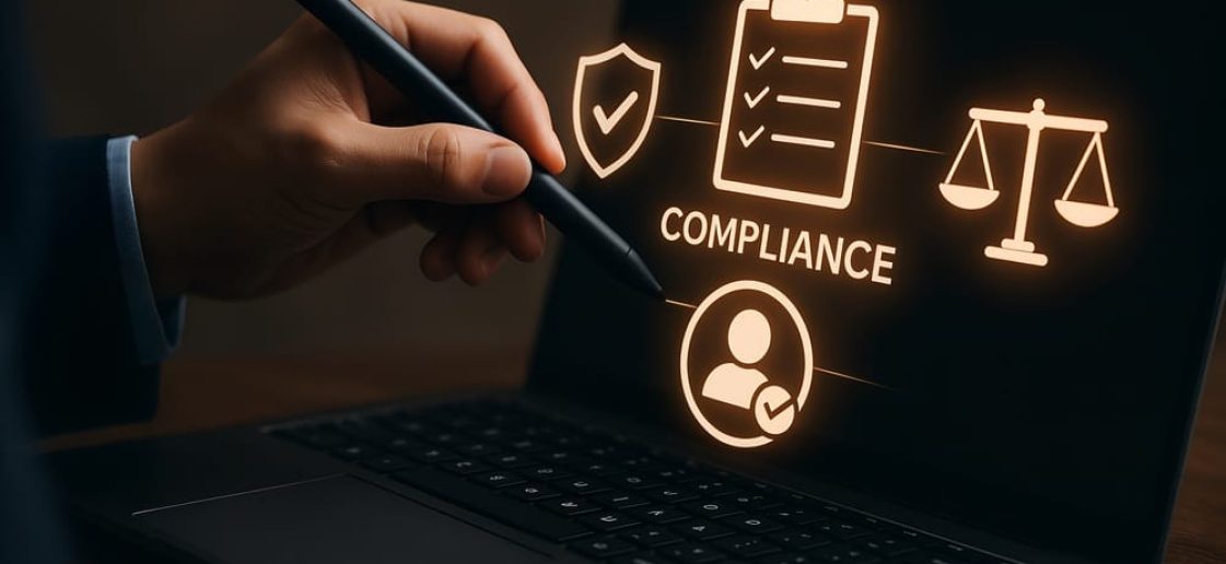 Imagem ilustrativa de uma pessoa segurando um stylus enquanto trabalha no laptop, com ícones em destaque relacionados a compliance, incluindo um escudo, uma lista, uma balança e uma pessoa com check mark, simbolizando a importância do compliance empresarial.