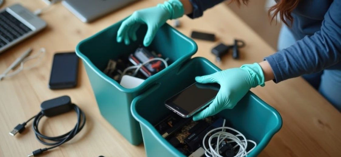 Pessoa usando luvas verdes descartando eletrônicos recicláveis em contêineres azuis, com laptop, smartphone e cabos em uma mesa de madeira.