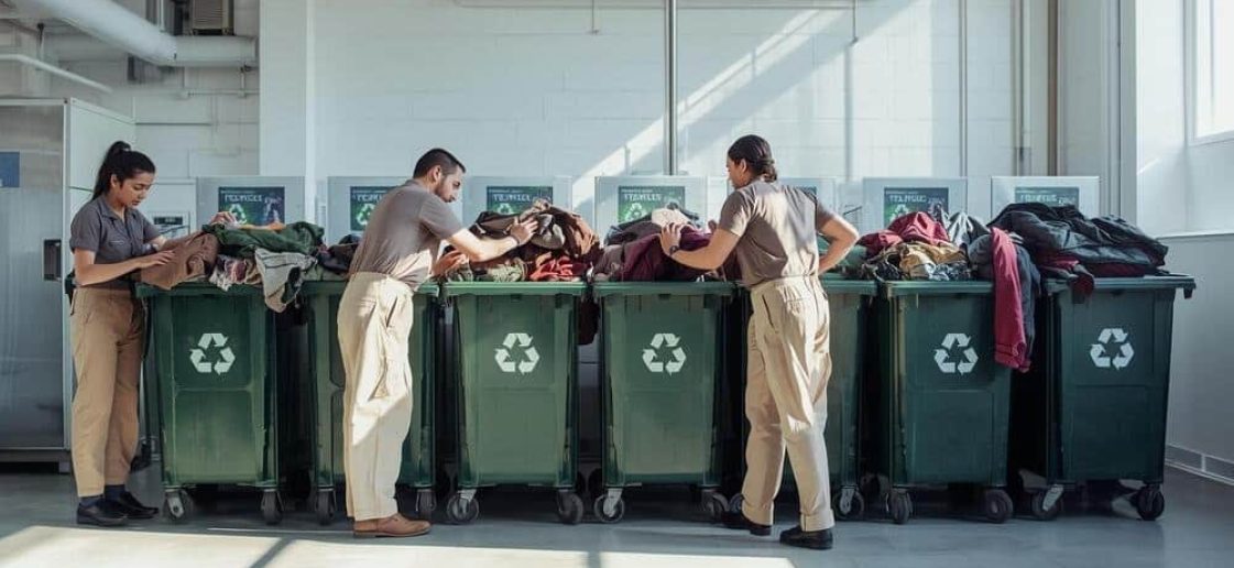 Profissionais realizando a triagem de uniformes em ambiente controlado, seguindo processos de uma empresa de descarte de uniformes usados.